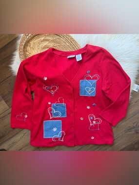 Blair Red Dog Paw Print Hearts Patchwork Long Sleeve Cardigan Size Large